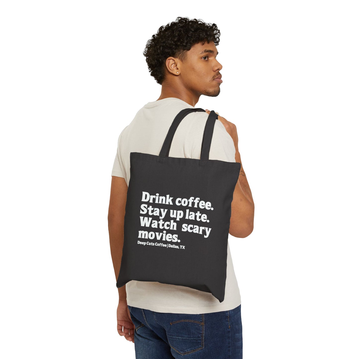 "Drink coffee. Stay up late. Watch scary movies." Black Canvas Tote Bag