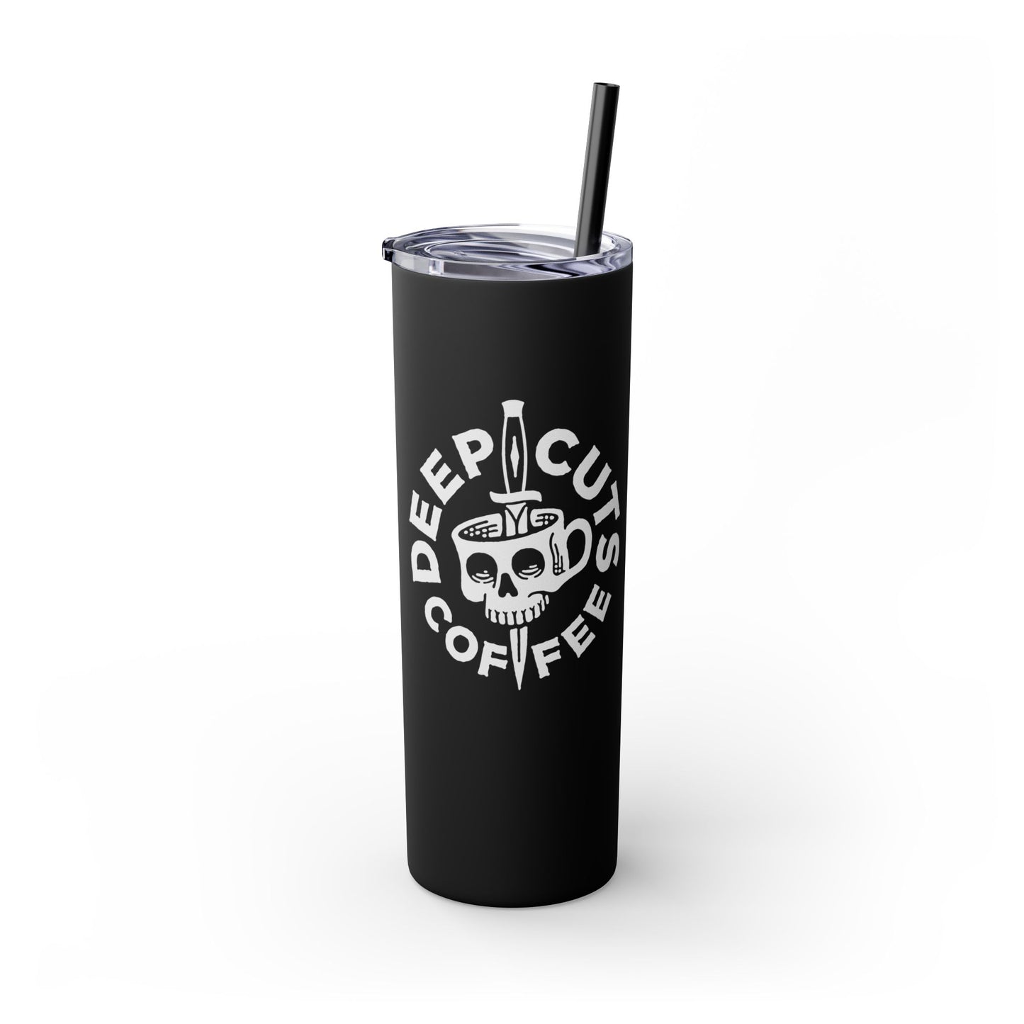 20oz Skinny Tumbler — 'Deep Cuts Coffee' Skull Logo Stainless Straw Cup