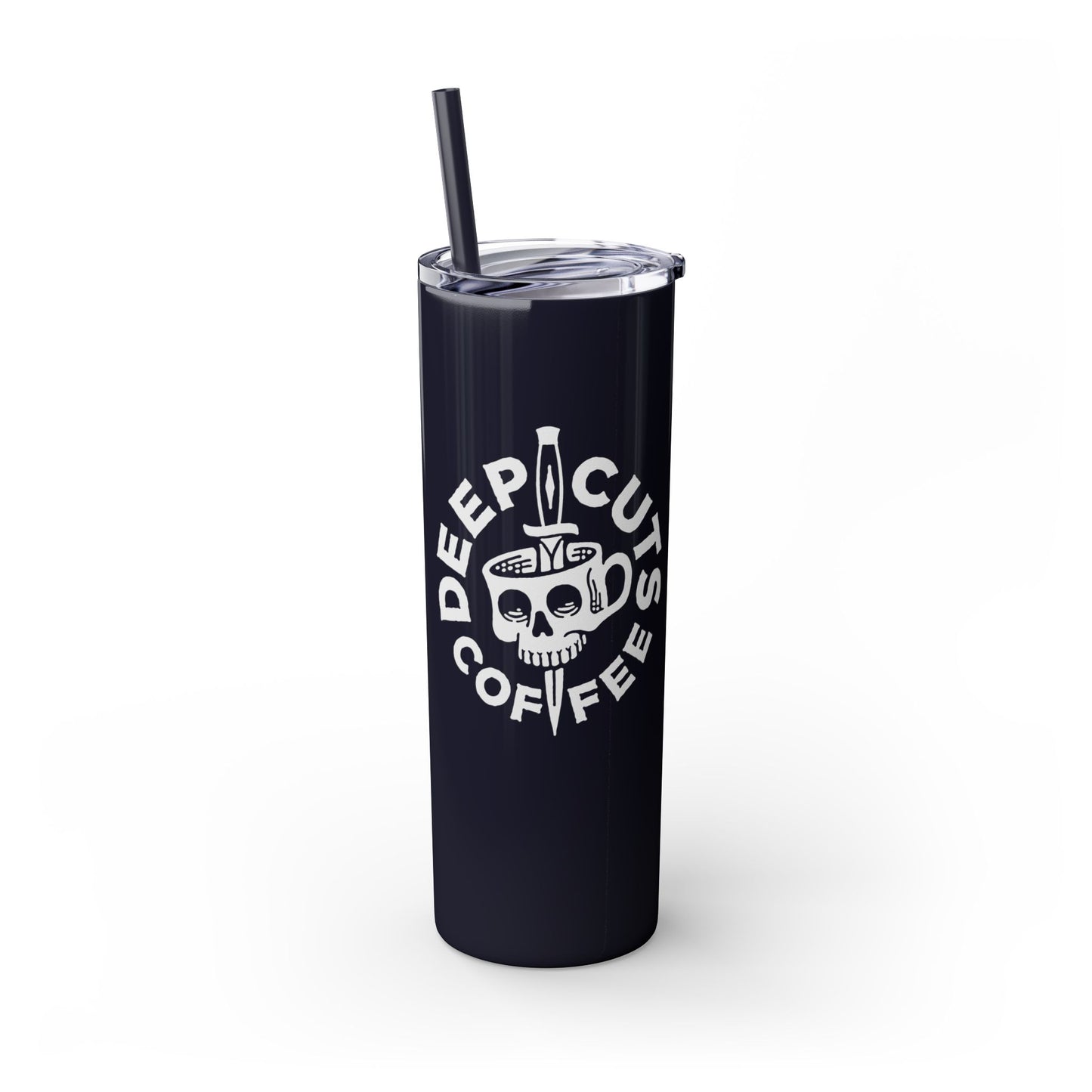 20oz Skinny Tumbler — 'Deep Cuts Coffee' Skull Logo Stainless Straw Cup