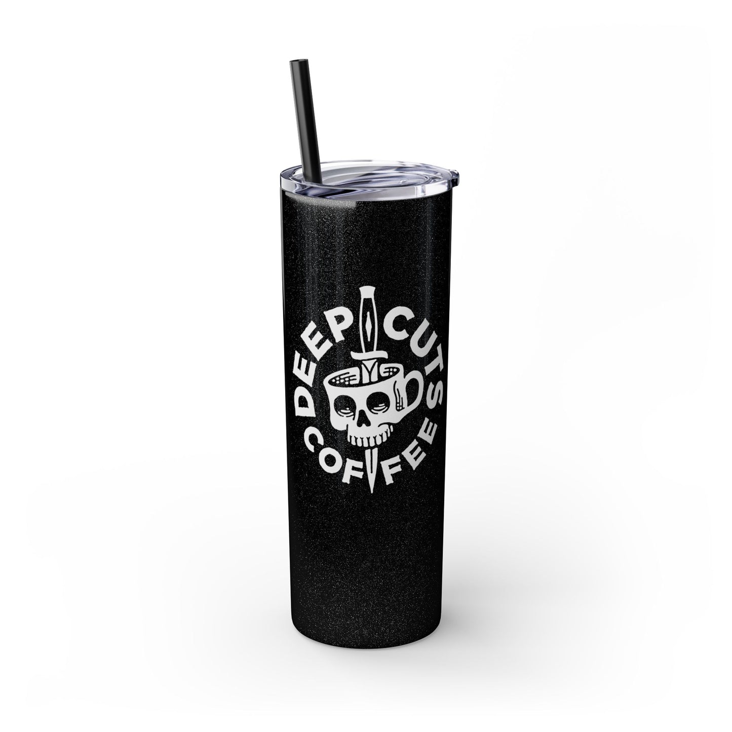 20oz Skinny Tumbler — 'Deep Cuts Coffee' Skull Logo Stainless Straw Cup